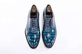 Crocodile Shoes Goodyear Welted Handmade Men Crocodile Leather Lace-Up Shoes,Teal Blue Mens Dress  shoes Stretchable