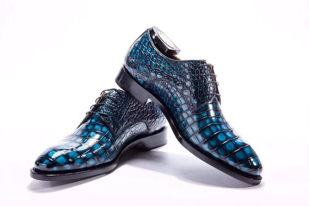 Crocodile Shoes Goodyear Welted Handmade Men Crocodile Leather Lace-Up Shoes,Teal Blue Mens Dress  shoes Durable Fit