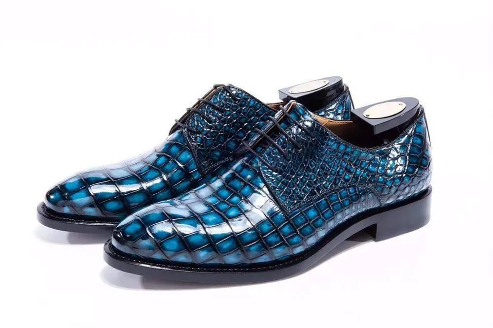 Library Step Crocodile Shoes Goodyear Welted Handmade Men Crocodile Leather Lace-Up Shoes,Teal Blue Mens Dress  shoes