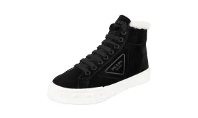 Comfortable Step Prada Women's Black Leather Shearling Fur Cassetta Wheel High-Top Sneaker 1T508M Travel Companion