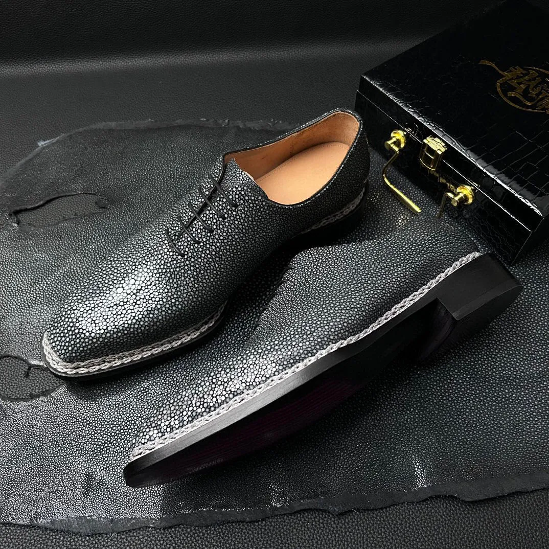 Genuine Pearl Stingray Leather Norwegian  Sewn Goodyear Fiddleback Sole  Lace Up Dress Shoes Easy Slip