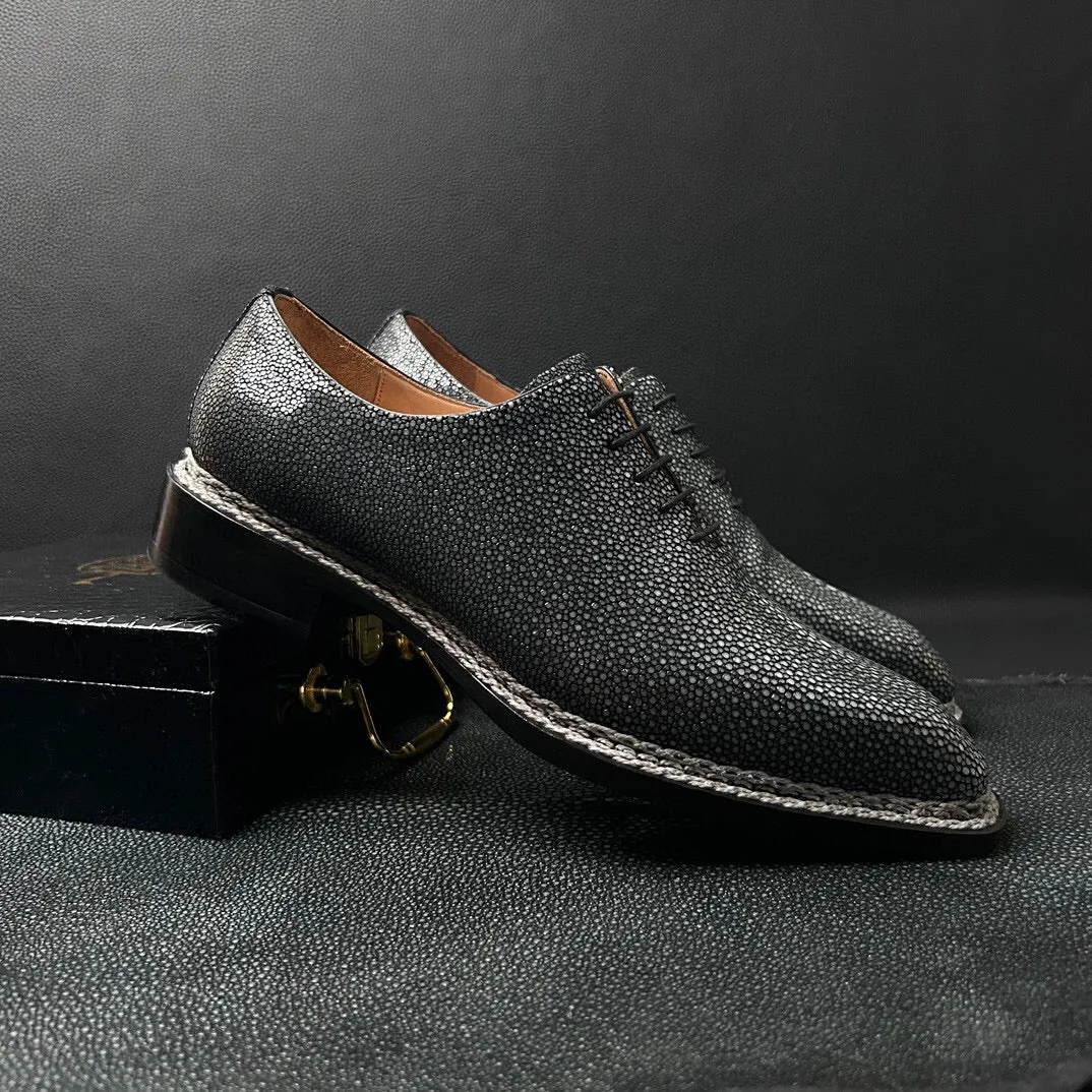 Genuine Pearl Stingray Leather Norwegian  Sewn Goodyear Fiddleback Sole  Lace Up Dress Shoes River Step Sun Set