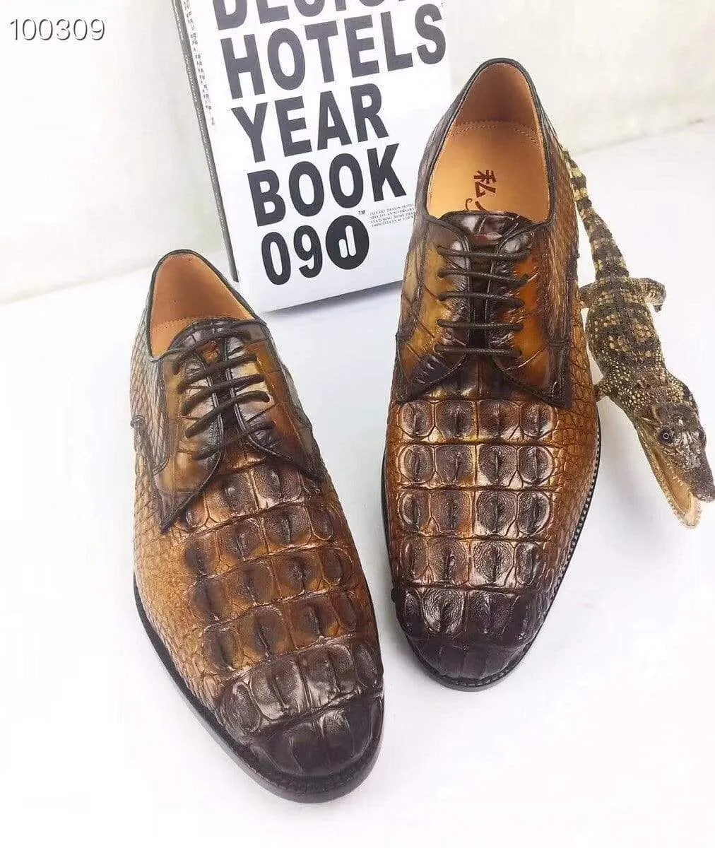 Crocodile Shoes Mens Dress Shoes, Modern Classic Round -Pointed toe crocodile bone leather Lace-up Casual Business Shoes Ultimate Comfort Everyday Comfort