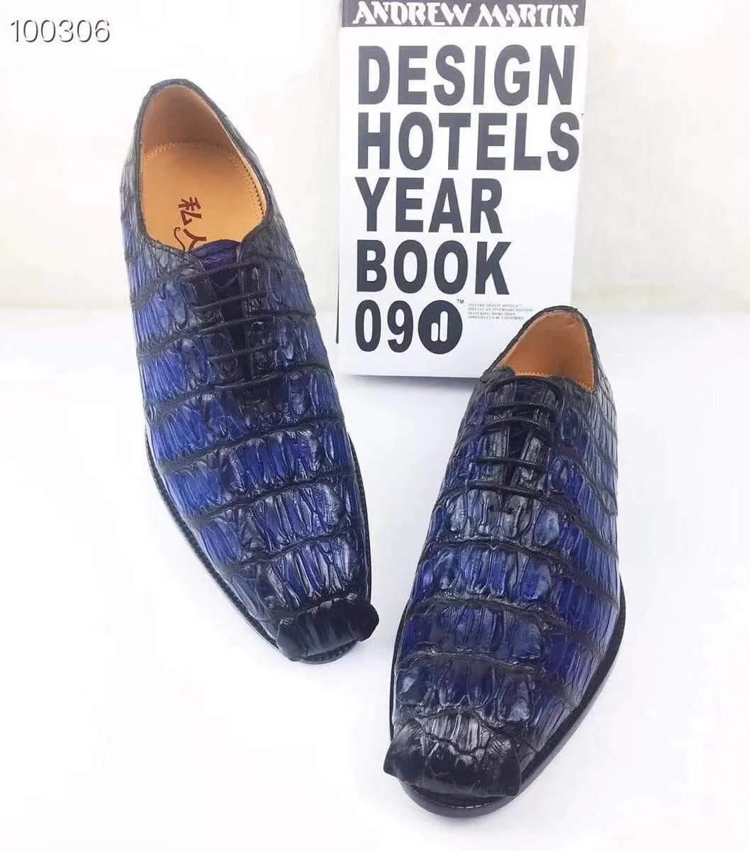 Guest Mood Fashion-forward style Crocodile Shoes Mens Dress Shoes, Modern Classic Round -Pointed toe crocodile bone leather Lace-up Casual Business Shoes