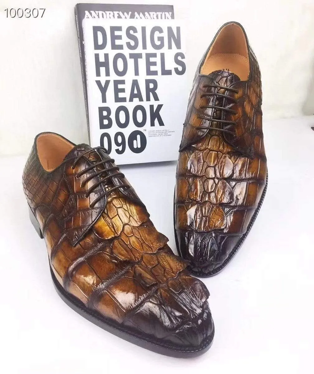 Easy Wear Crocodile Shoes Mens Dress Shoes, Modern Classic Round -Pointed toe crocodile bone leather Lace-up Casual Business Shoes