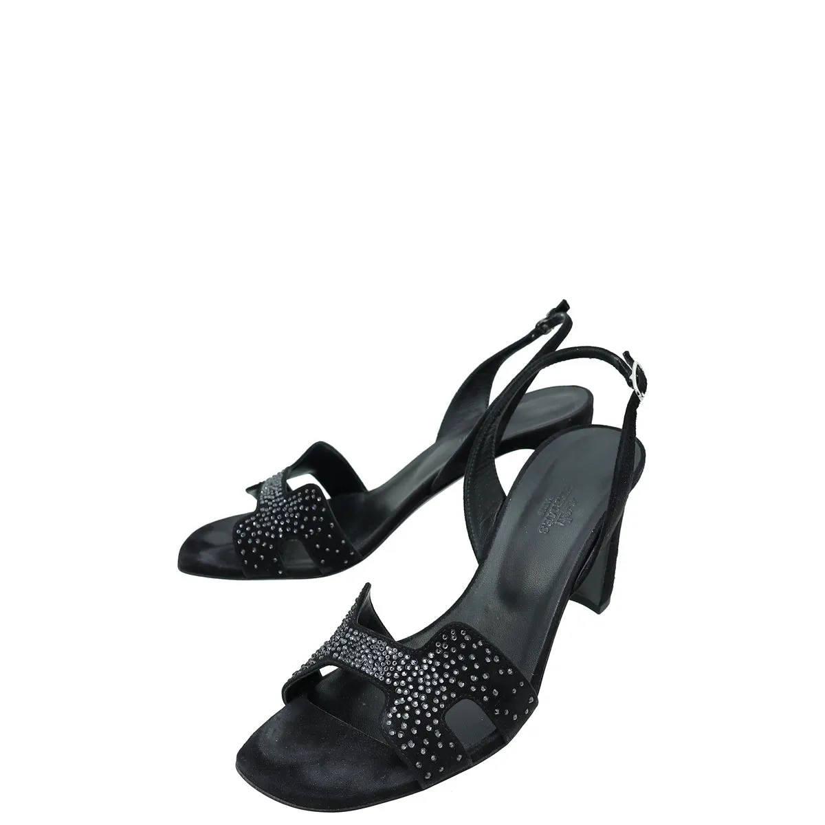 Hermes Noir Suede Goatskin Eternite 80 Rhinestone Details Sandal 38 Ergonomic Cold Weather Pilates Cool