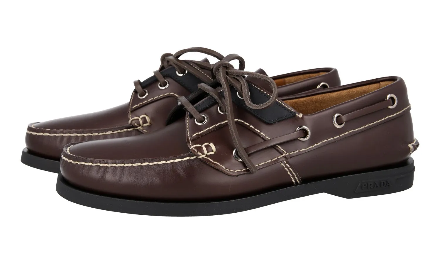 Prada Men's Brown Leather Deck Lace-up Shoes 2EG269 subtle style Dual Hue