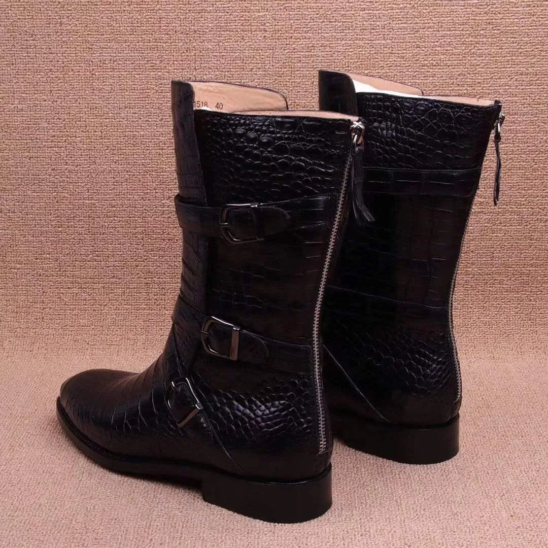 Flower Glow Smooth Surface Crocodile Boots,Crocodile Leather Boots, Crocodile Leather Long Lace Up Boots