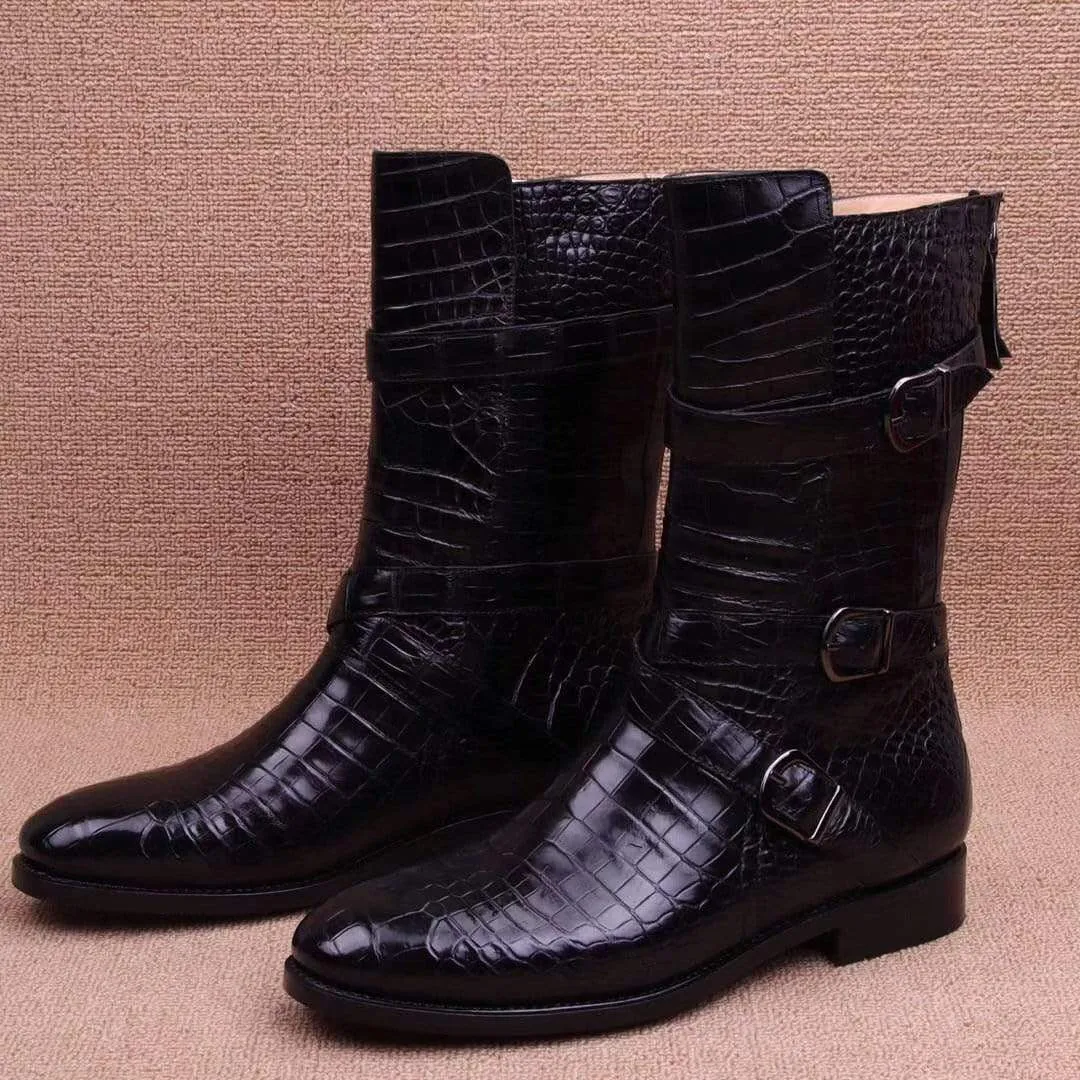 Heel Care Crocodile Boots,Crocodile Leather Boots, Crocodile Leather Long Lace Up Boots