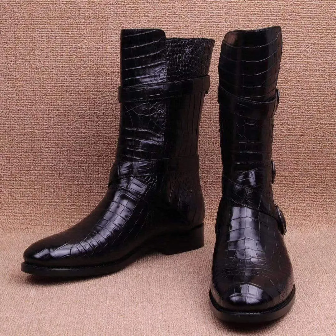 Crocodile Boots,Crocodile Leather Boots, Crocodile Leather Long Lace Up Boots Gift Day