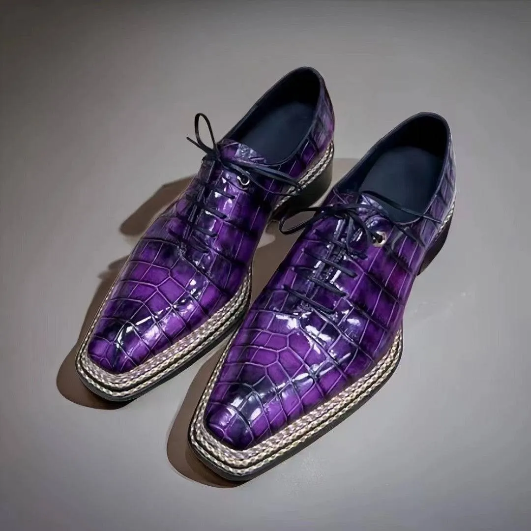 Garden Bed Soft Lining Shoes Crocodile Leather Norwegian Nine-Line Sewn Goodyear Fiddleback Sole  Lace Up Dress Shoes Vintage Fuchsia