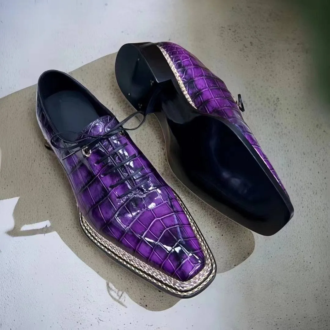 Breathable Lining Camp Walk Crocodile Leather Norwegian Nine-Line Sewn Goodyear Fiddleback Sole  Lace Up Dress Shoes Vintage Fuchsia