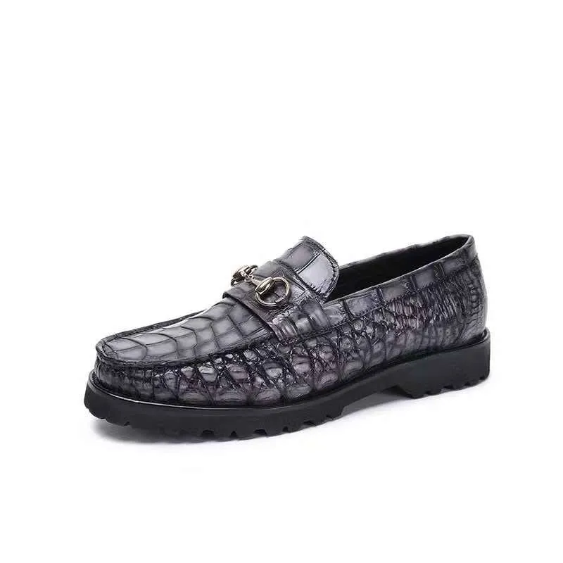 Crocodile Leather Shoes ,Vintage Grey Crocodile Leather Men's Penny Loafer Dress Shoe Health Step Design Glow