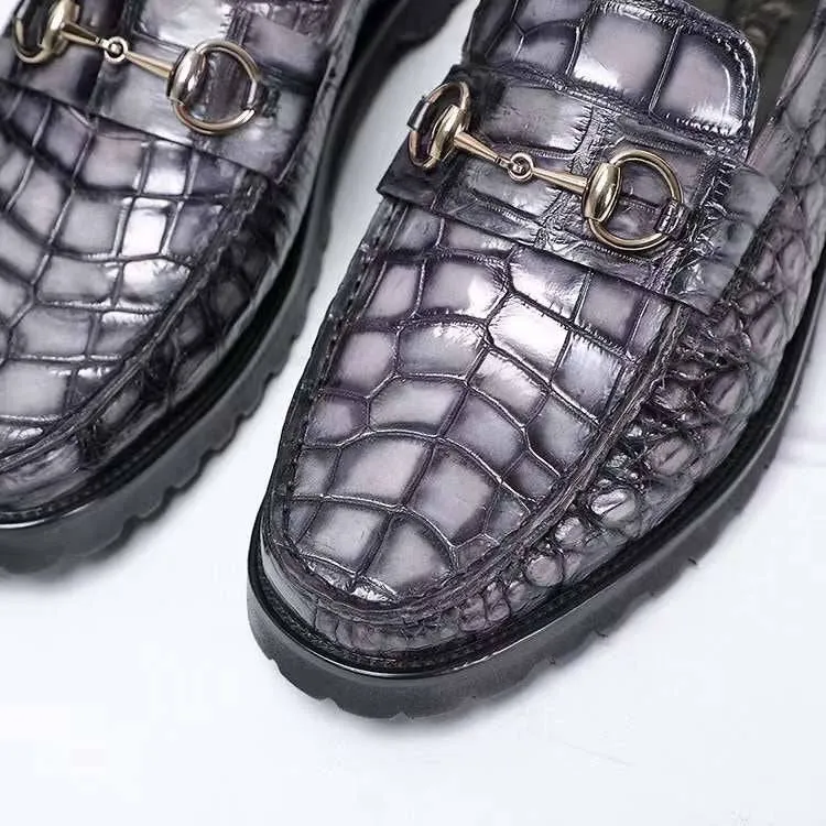 Crocodile Leather Shoes ,Vintage Grey Crocodile Leather Men's Penny Loafer Dress Shoe Comfortable Sole