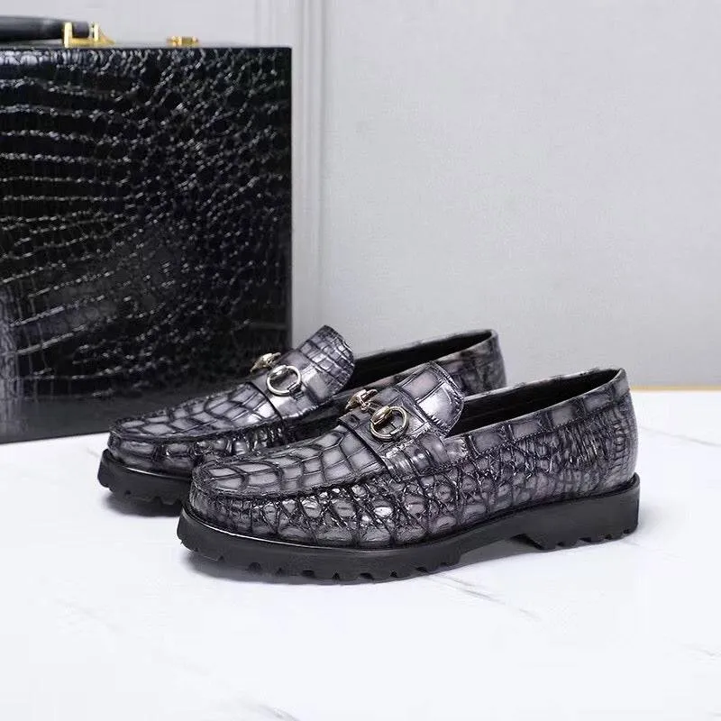 Casual Vibe Crocodile Leather Shoes ,Vintage Grey Crocodile Leather Men's Penny Loafer Dress Shoe