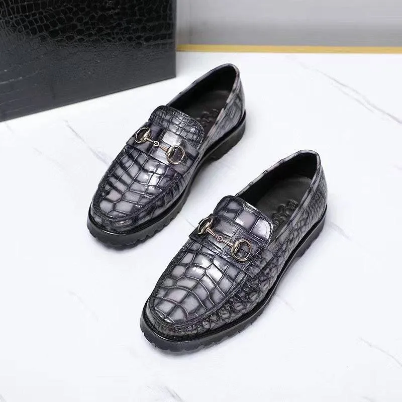 Elegant Look Main Path Crocodile Leather Shoes ,Vintage Grey Crocodile Leather Men's Penny Loafer Dress Shoe