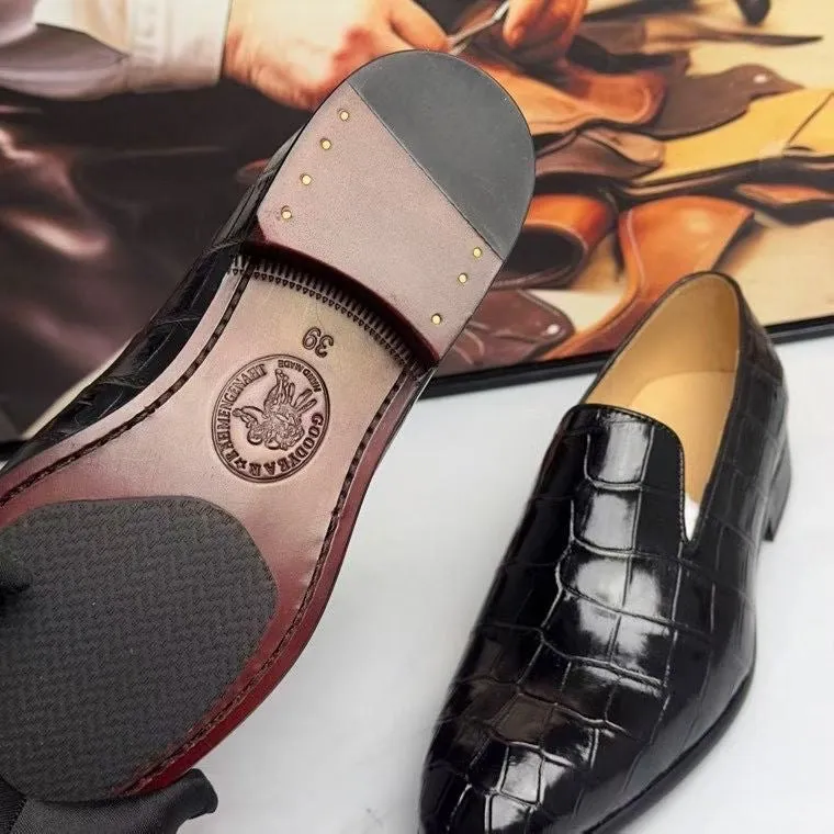Crocodile Loafers ,  Genuine Crocodile Leather Slip On Loafer Shoes Black Sun Set