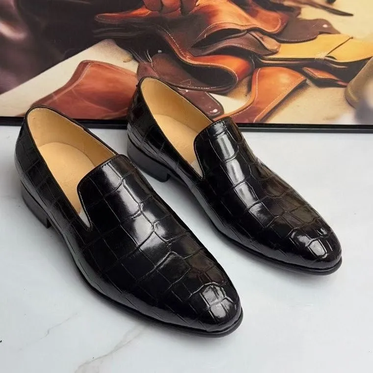 Crocodile Loafers ,  Genuine Crocodile Leather Slip On Loafer Shoes Black Library Glow