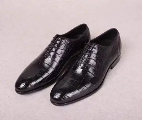 Crocodile Shoes Black Crocodile Leather Lace Up Shoes Timeless Design Flats