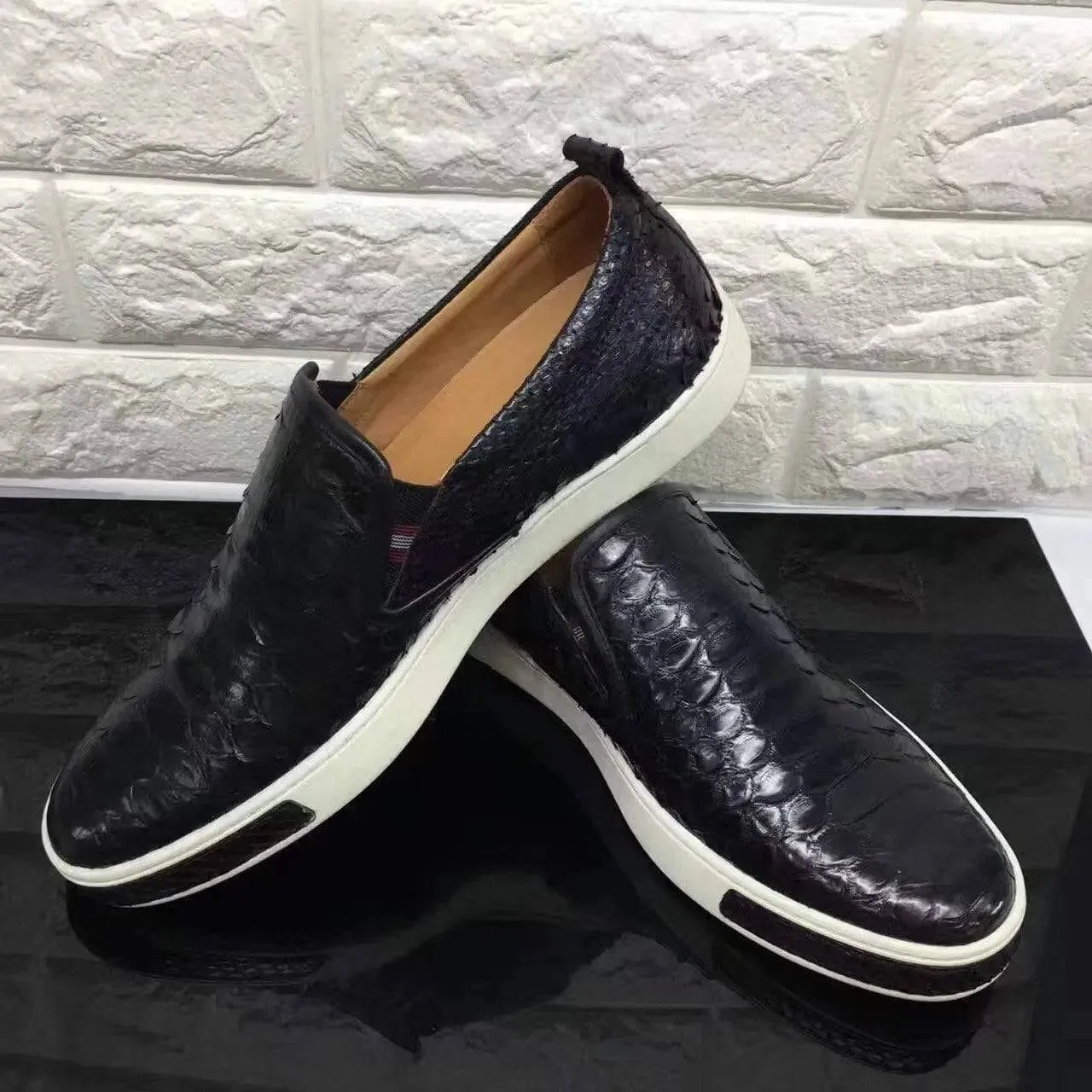 Synthetic Light Fest Crocodile Shoes Black Exotic Python Skin leather Platform Loafers