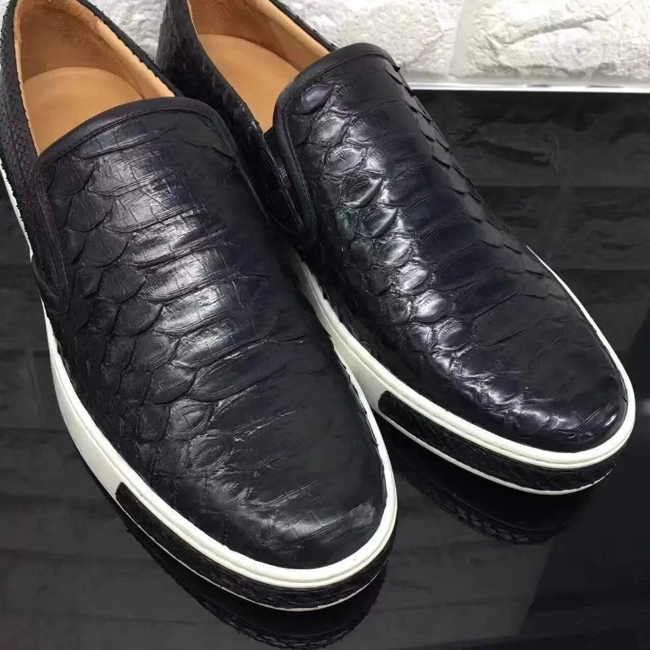 Crocodile Shoes Black Exotic Python Skin leather Platform Loafers French Charm Slip-Free Shoes