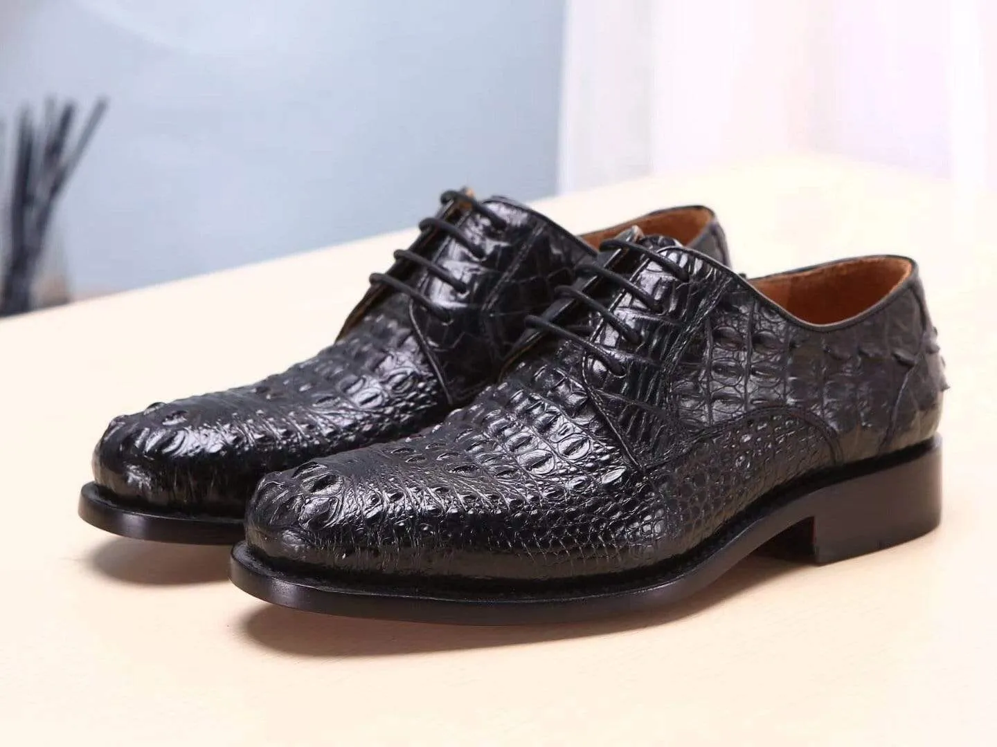 Crocodile Shoes Black Mens Shoes  Crocodile Leather Cap Toe Lace Ups - Men's Dress Shoe,Goodyear Sole portable