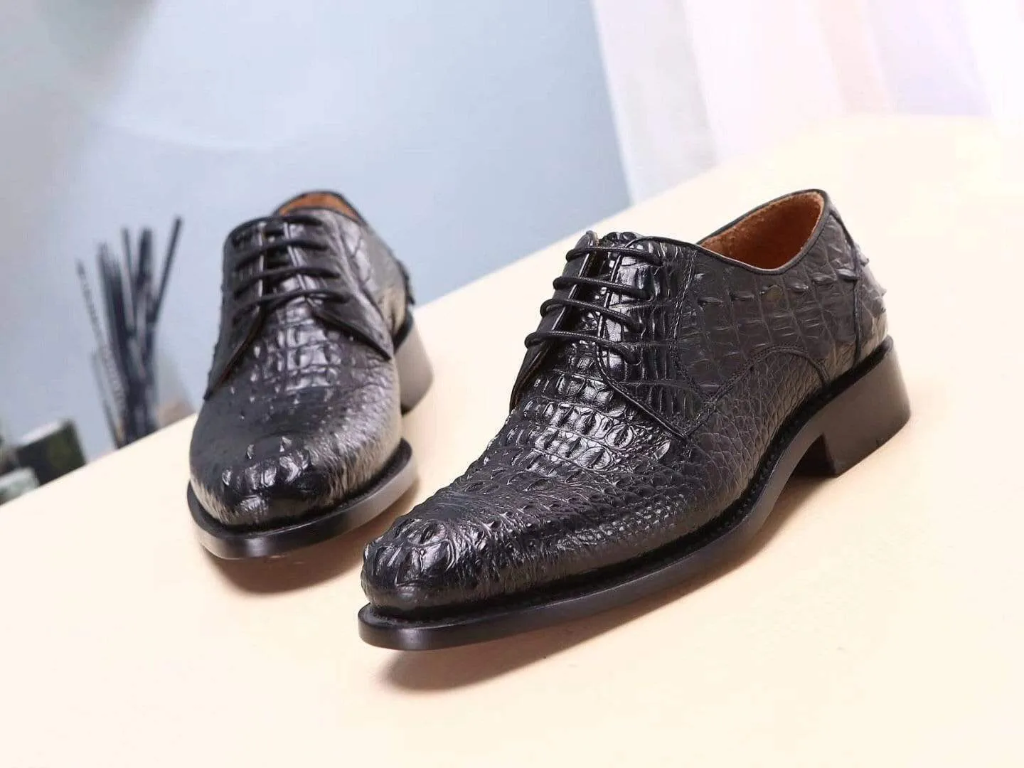 Crocodile Shoes Black Mens Shoes  Crocodile Leather Cap Toe Lace Ups - Men's Dress Shoe,Goodyear Sole Hill Step Comfort Fit