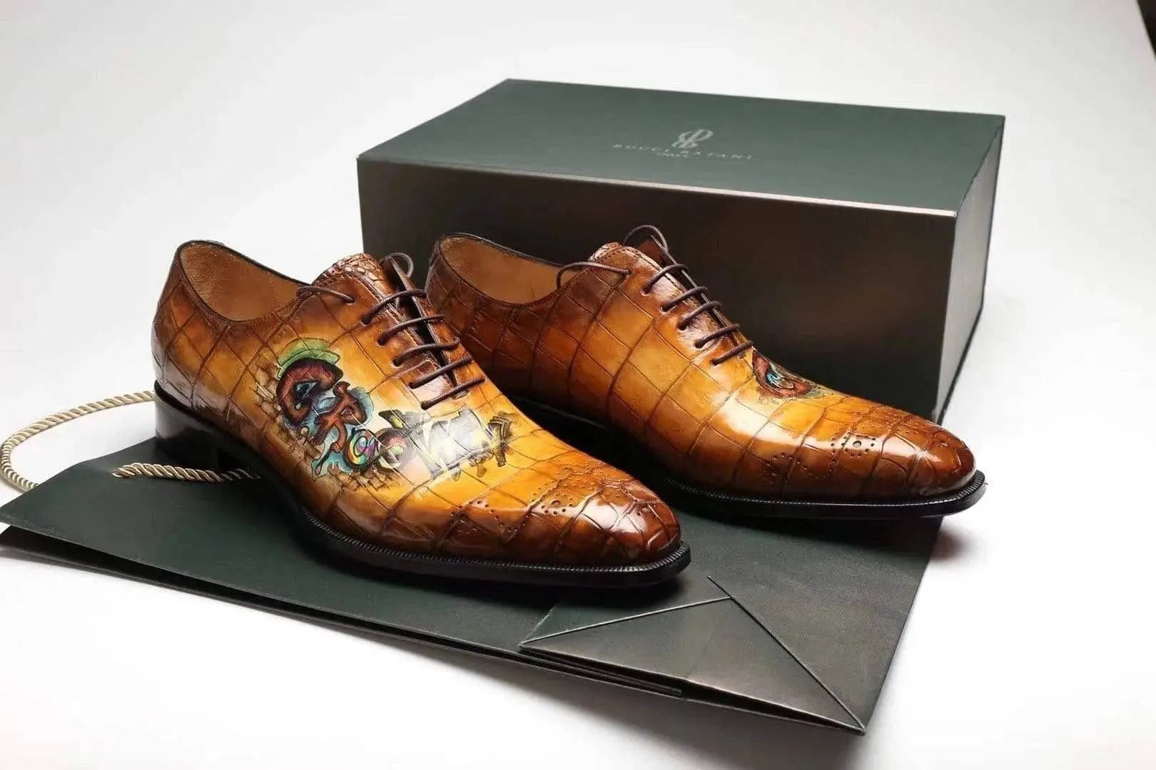 Help Day Sleek Design Crocodile Shoes Brown Crocodile Leather Shoes Men Lace Up Business Formal Dress Shoes With Hand Paiting Floral