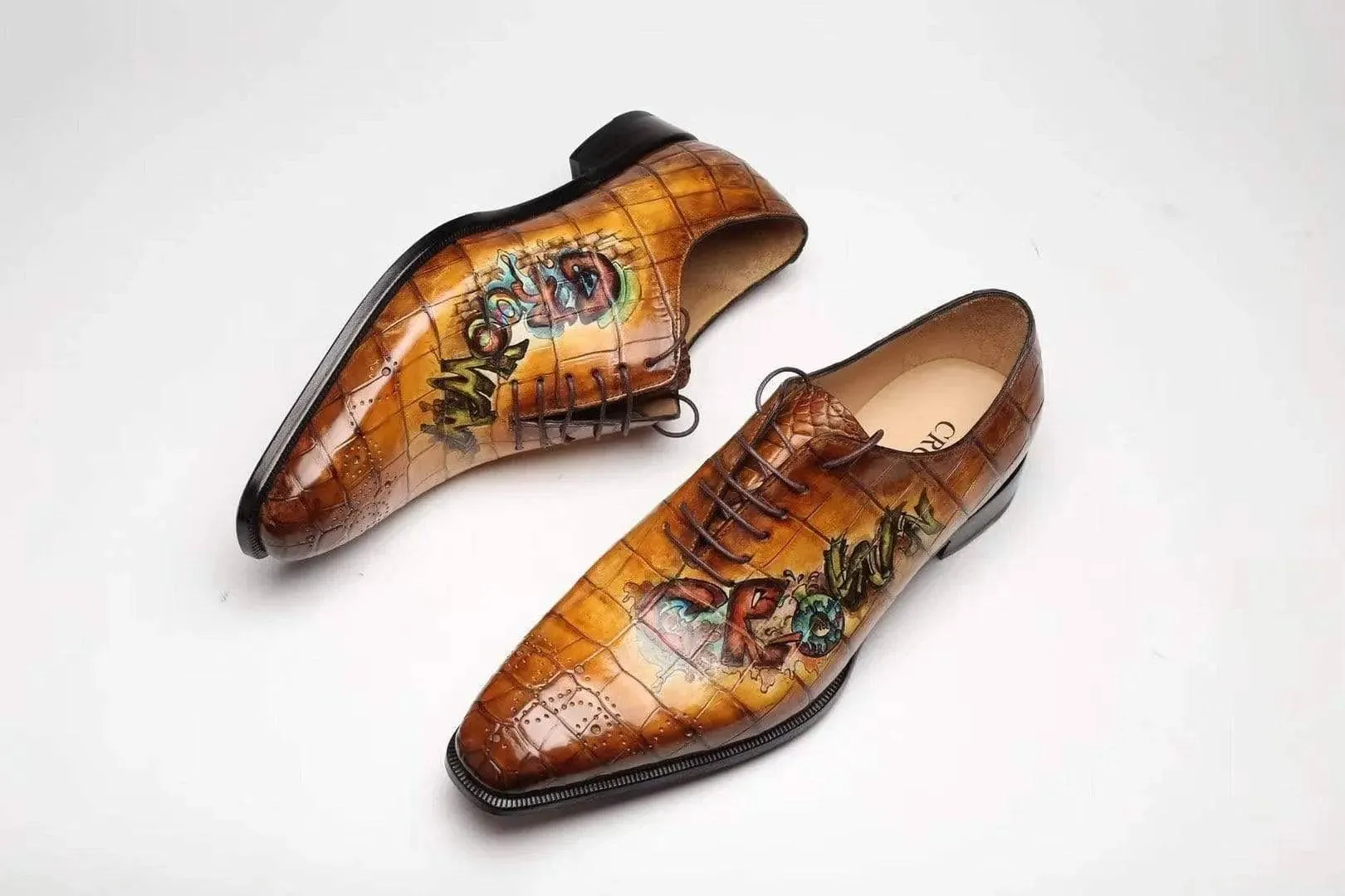 Crocodile Shoes Brown Crocodile Leather Shoes Men Lace Up Business Formal Dress Shoes With Hand Paiting Floral Easy Care Footwear All-day Slip-ons