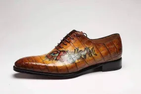 Support Walk Travel Shoes Crocodile Shoes Brown Crocodile Leather Shoes Men Lace Up Business Formal Dress Shoes With Hand Paiting Floral