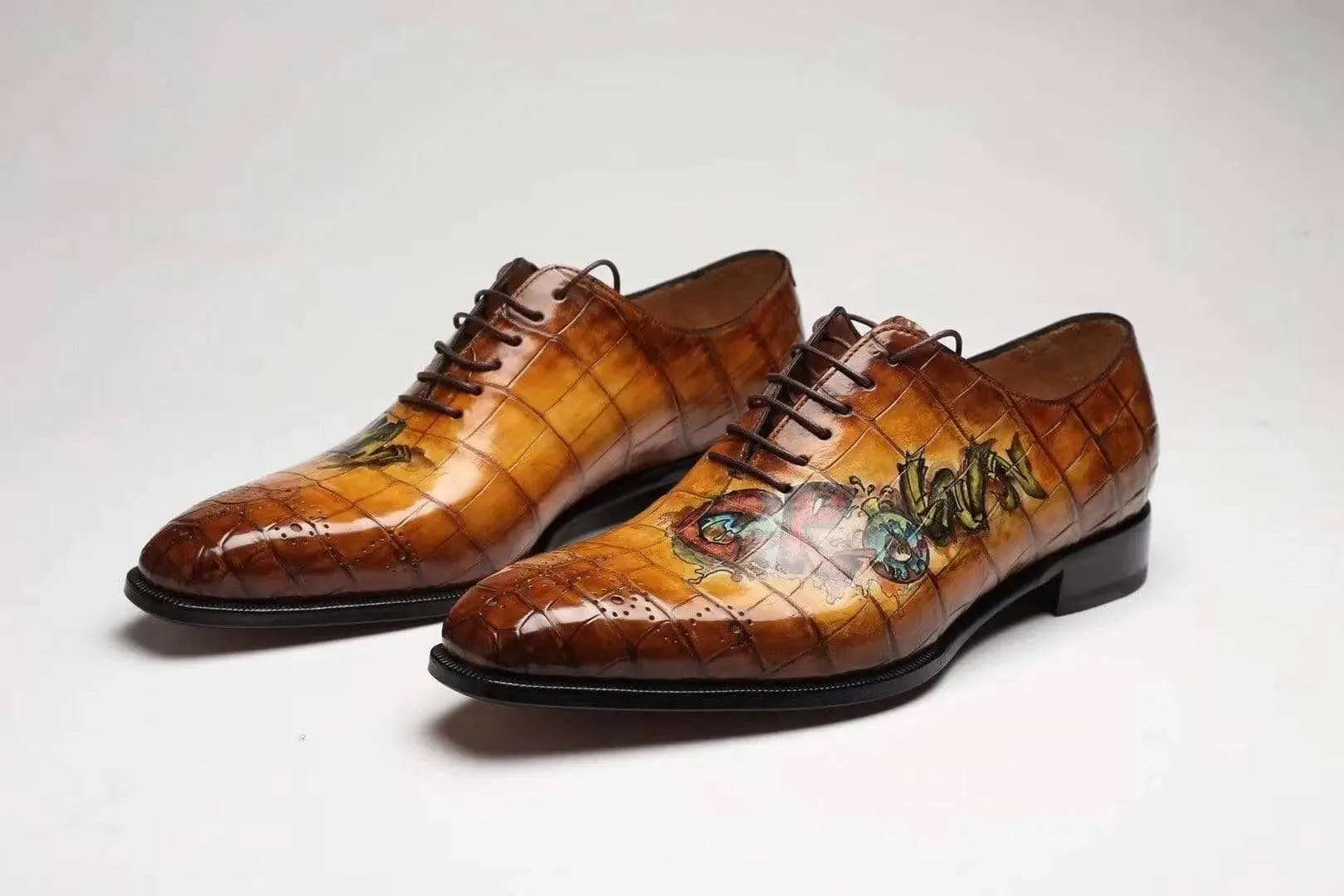 Crocodile Shoes Brown Crocodile Leather Shoes Men Lace Up Business Formal Dress Shoes With Hand Paiting Floral Buy Step