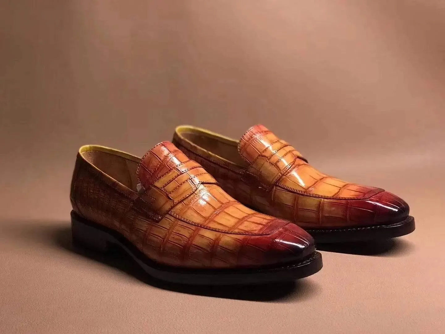 Evening Ease Block Joy Crocodile Shoes Brown Crocodile Leather Slip On Loafer Shoes