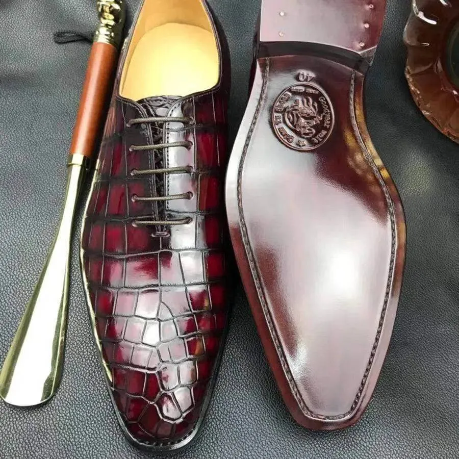 Crocodile Shoes Burnished Burgundy Derby Crocodile Belly  Leather Lace-Up Shoes For Men Supportive Comfort Leather Soft