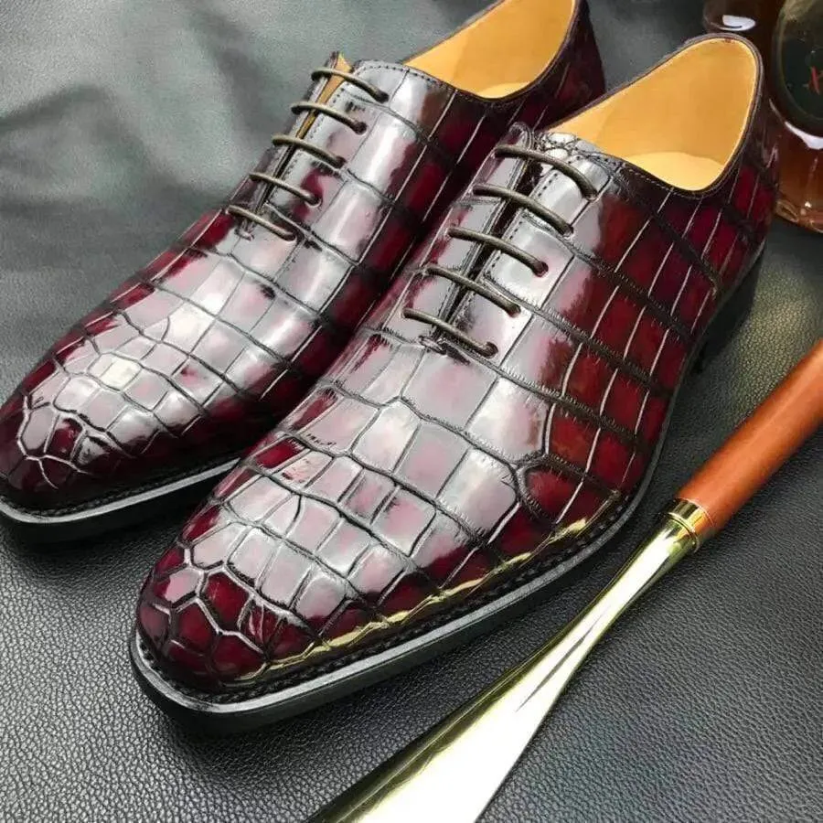 Brunch Look Crocodile Shoes Burnished Burgundy Derby Crocodile Belly  Leather Lace-Up Shoes For Men