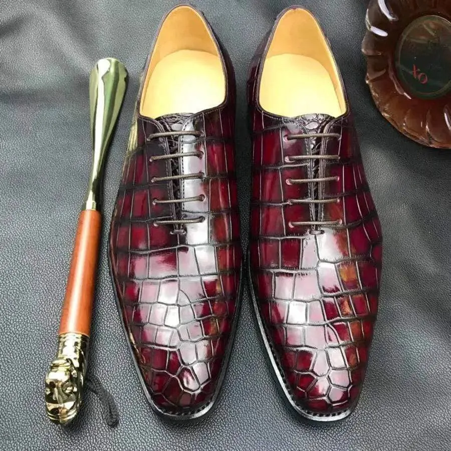 Crocodile Shoes Burnished Burgundy Derby Crocodile Belly  Leather Lace-Up Shoes For Men Breathable All-Day Shoes