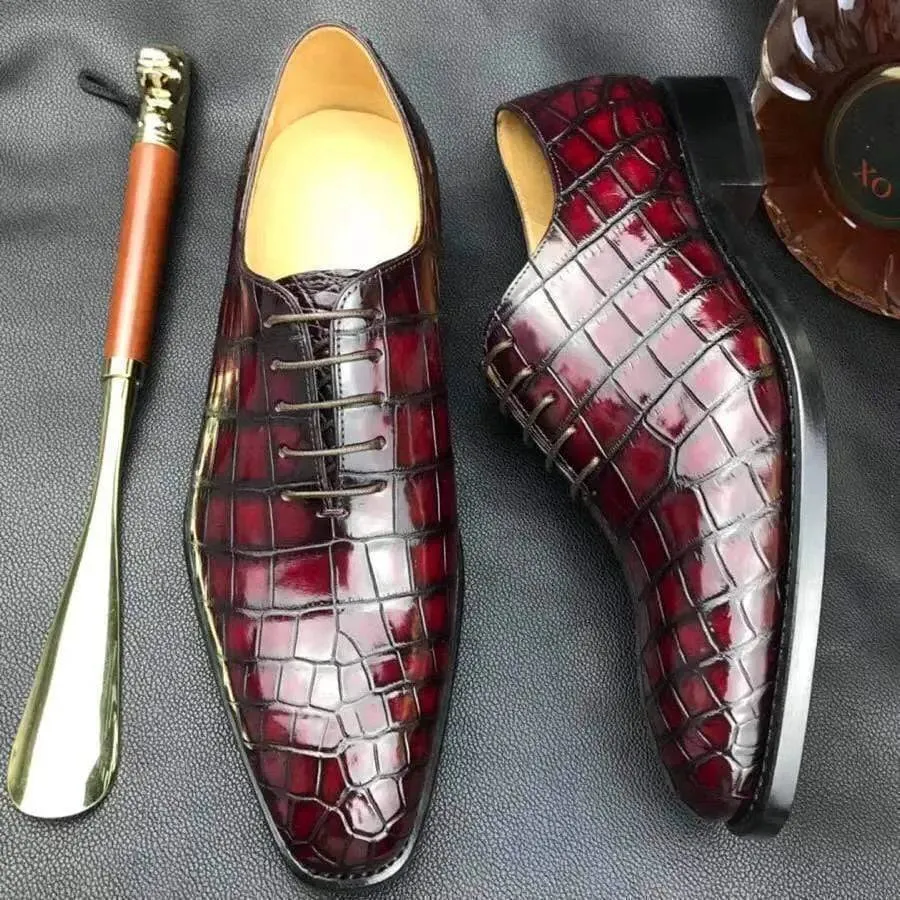 Crocodile Shoes Burnished Burgundy Derby Crocodile Belly  Leather Lace-Up Shoes For Men Waterproof Design Team Play