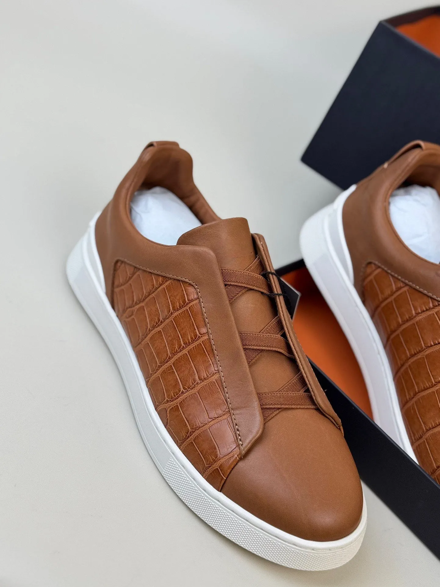 Crocodile Shoes , Calfskin Leather Mid-Genuine Crocodile Skin Leather Sneakers Tan Party Glow Flexible Fit