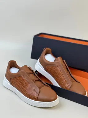 Beach Ready Seamless Crocodile Shoes , Calfskin Leather Mid-Genuine Crocodile Skin Leather Sneakers Tan