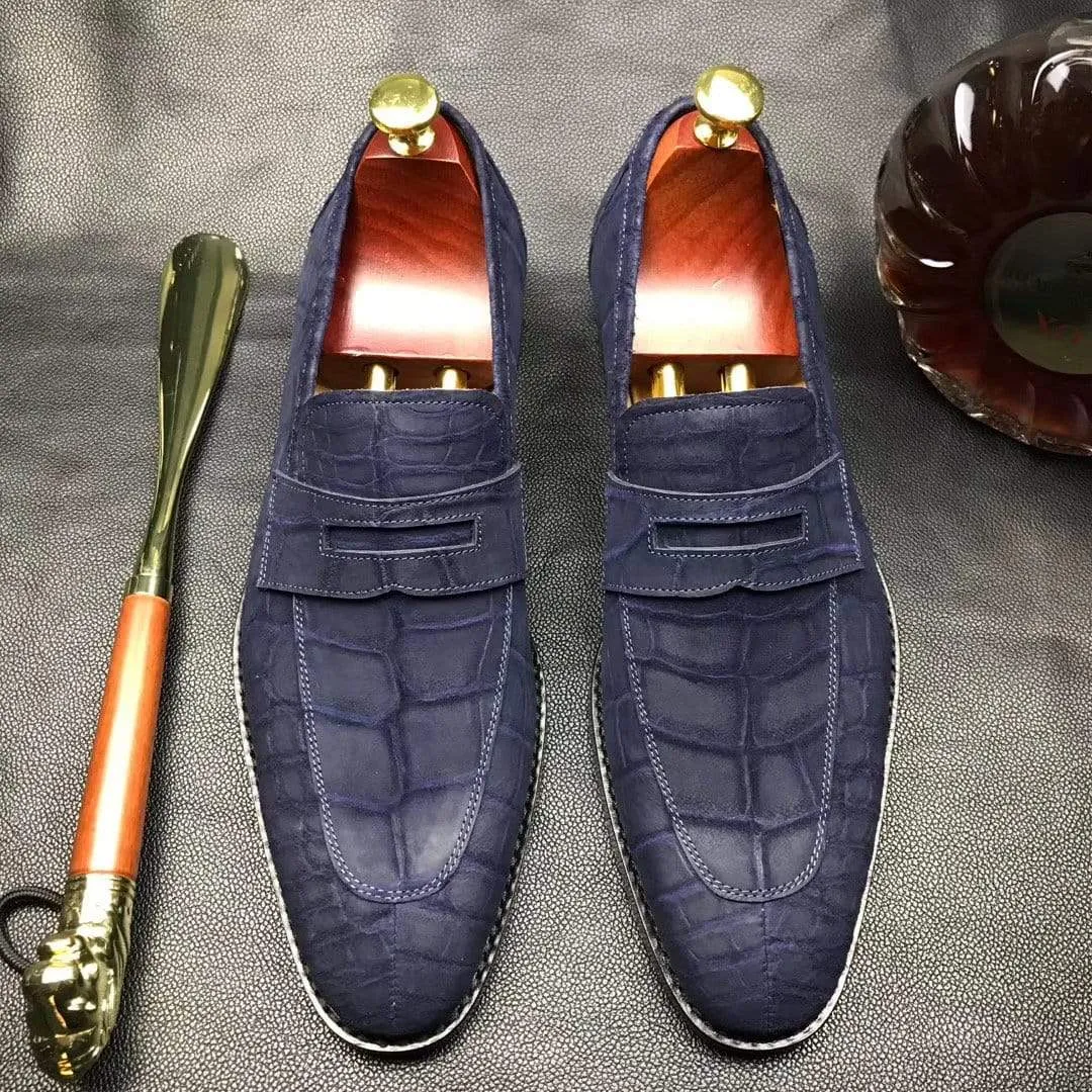 Joy Step Crocodile Shoes Classic Sanded Genuine Crocodile Leather Slip On loafers driving shoes Blue