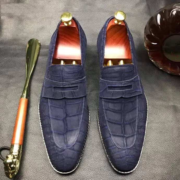 Pose Mood Soft Cushioning Crocodile Shoes Classic Sanded Genuine Crocodile Leather Slip On loafers driving shoes Blue