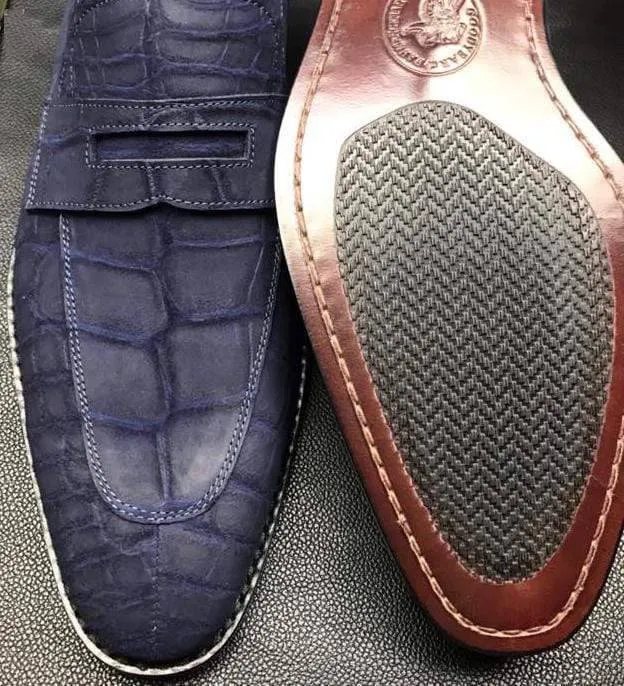 Crocodile Shoes Classic Sanded Genuine Crocodile Leather Slip On loafers driving shoes Blue Shop Street
