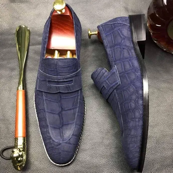 Foot Supportive Design Exhibit Day Crocodile Shoes Classic Sanded Genuine Crocodile Leather Slip On loafers driving shoes Blue