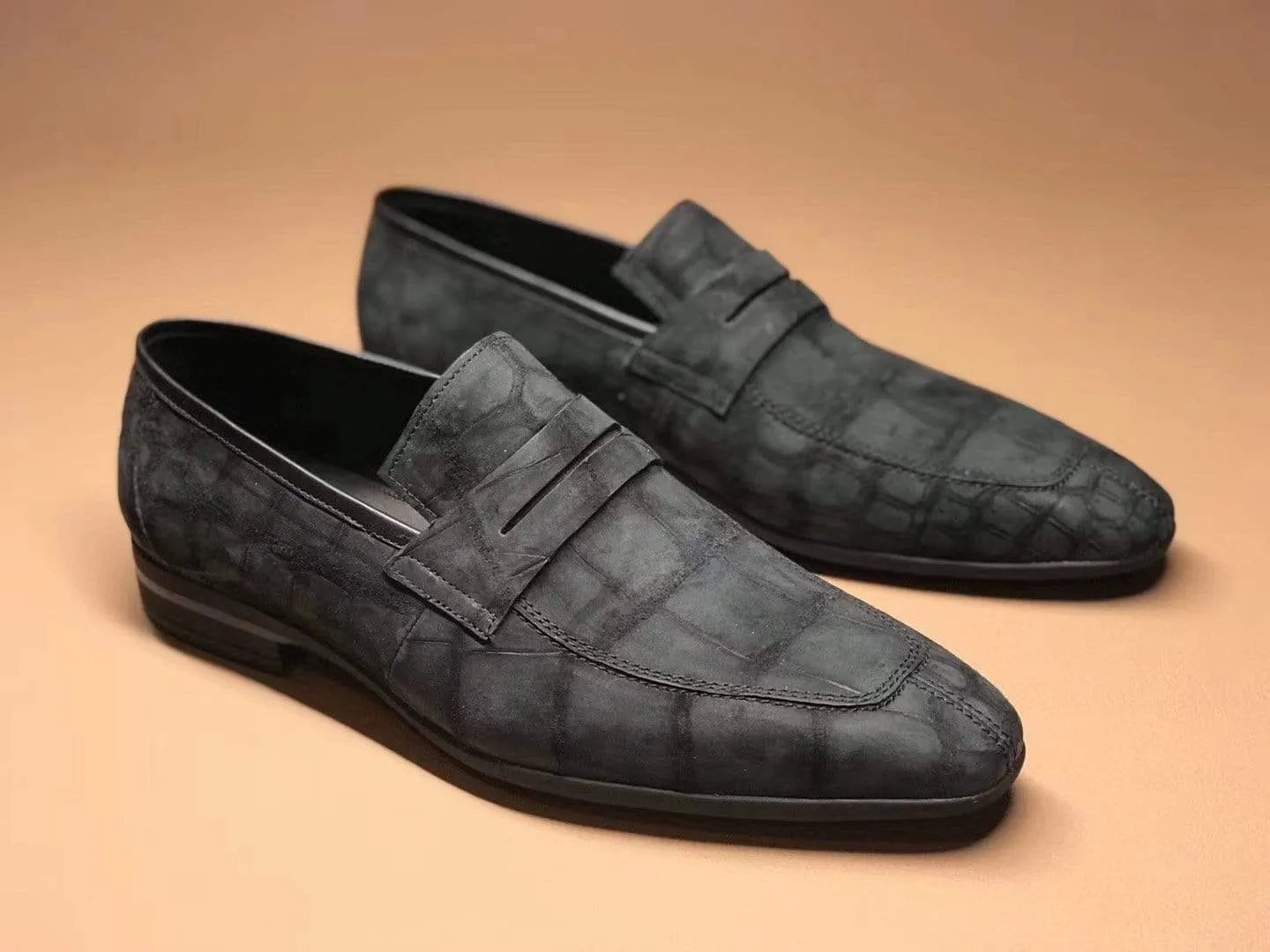 Mesh Water Edge Crocodile Shoes Classic Sanded Genuine Crocodile Leather Slip On loafers driving shoes Grey