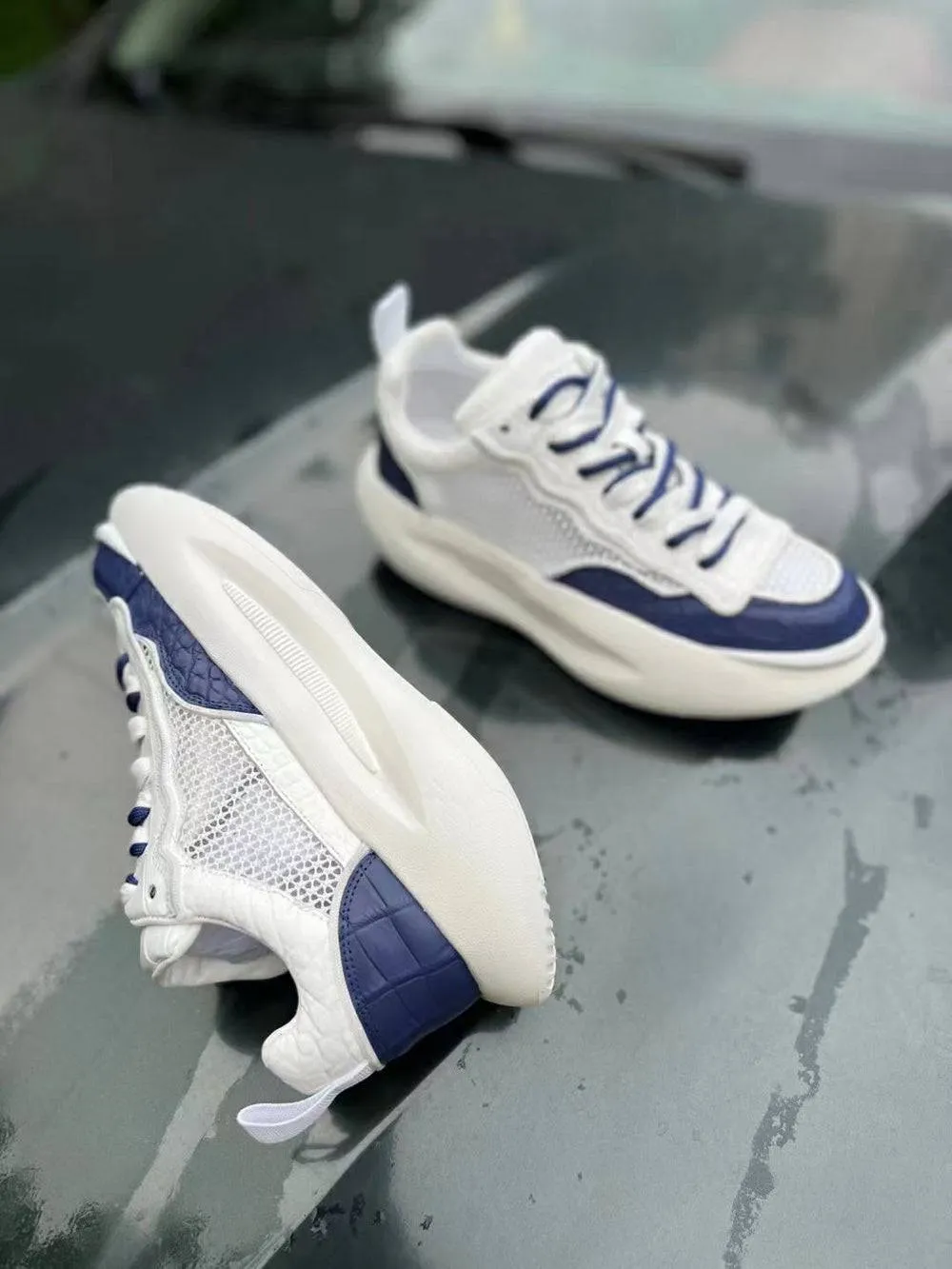 Crocodile Shoes Couples Shoe White  Crocodile Leather Sneaker Shoes Blue Walking Comfort Day-To-Night Shoes