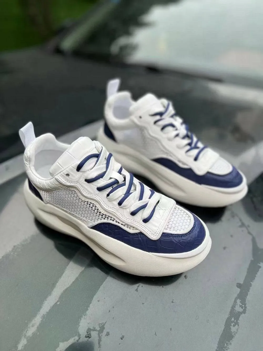 Crocodile Shoes Couples Shoe White  Crocodile Leather Sneaker Shoes Blue Pointed Toe Design Stud Detail