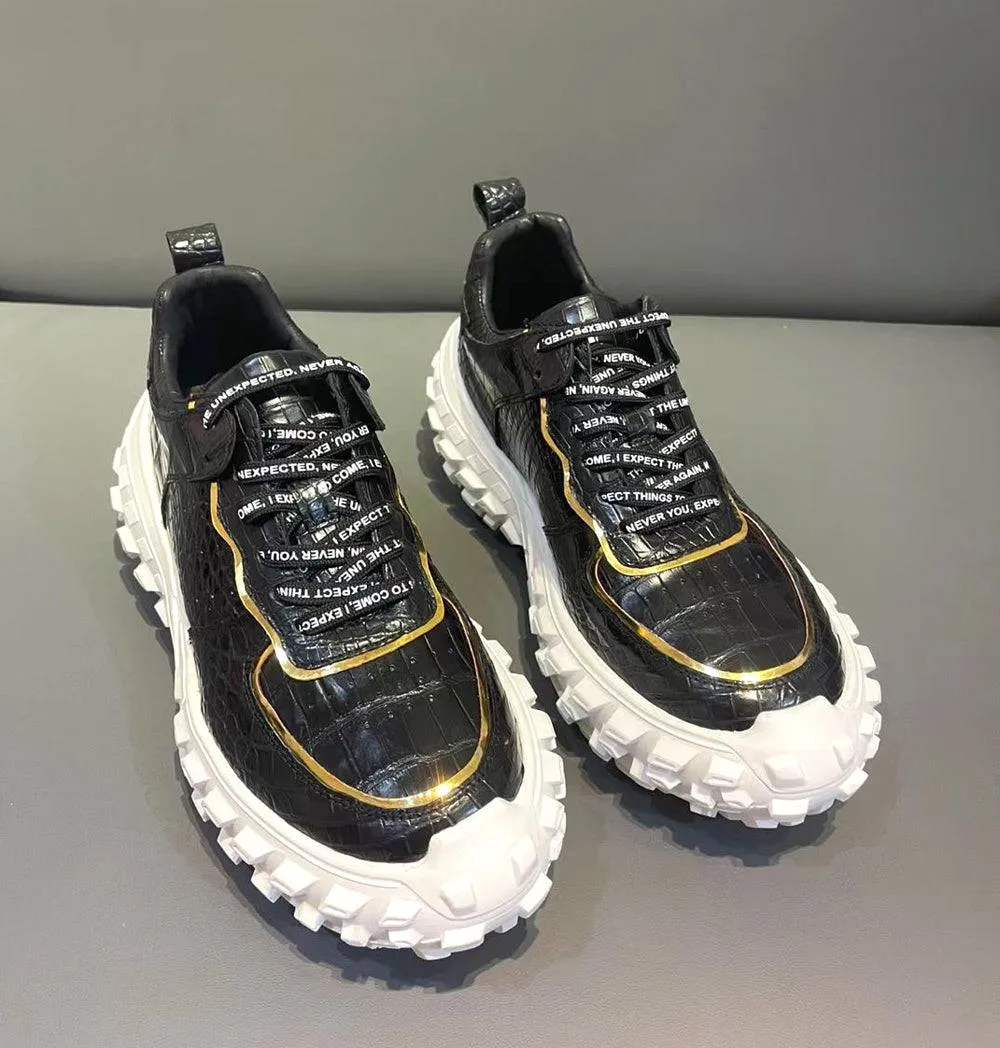 Elasticated Crocodile Shoes Crocodile Leather Rubber Platform Sneakers