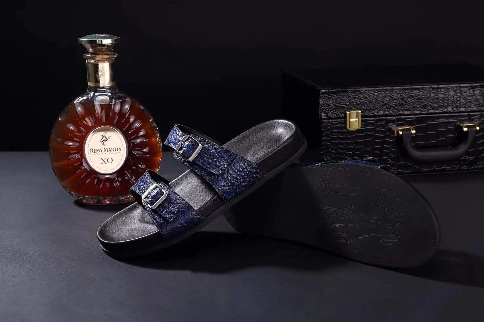 Library Step Crocodile Shoes Crocodile Leather Sandals Vintage Navy Blue