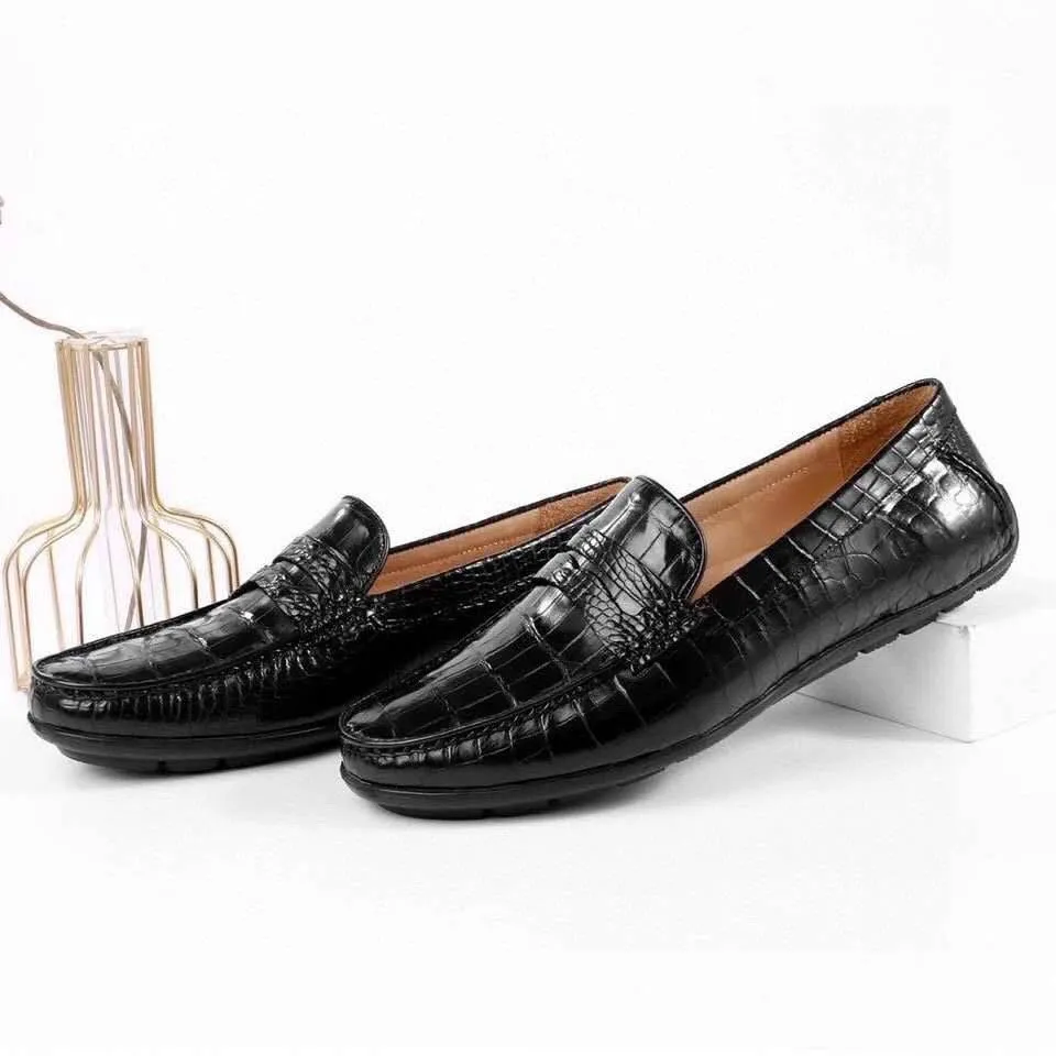 Crocodile Shoes Crocodile Leather Slip On Loafer Shoes Black Side Walk Marina Step