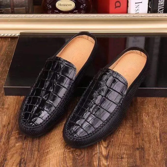 Winery Mood Crocodile Shoes Crocodile Leather  Slipper Mule, Slip on Indoor, Backopen Slipper,Hollow Slippers