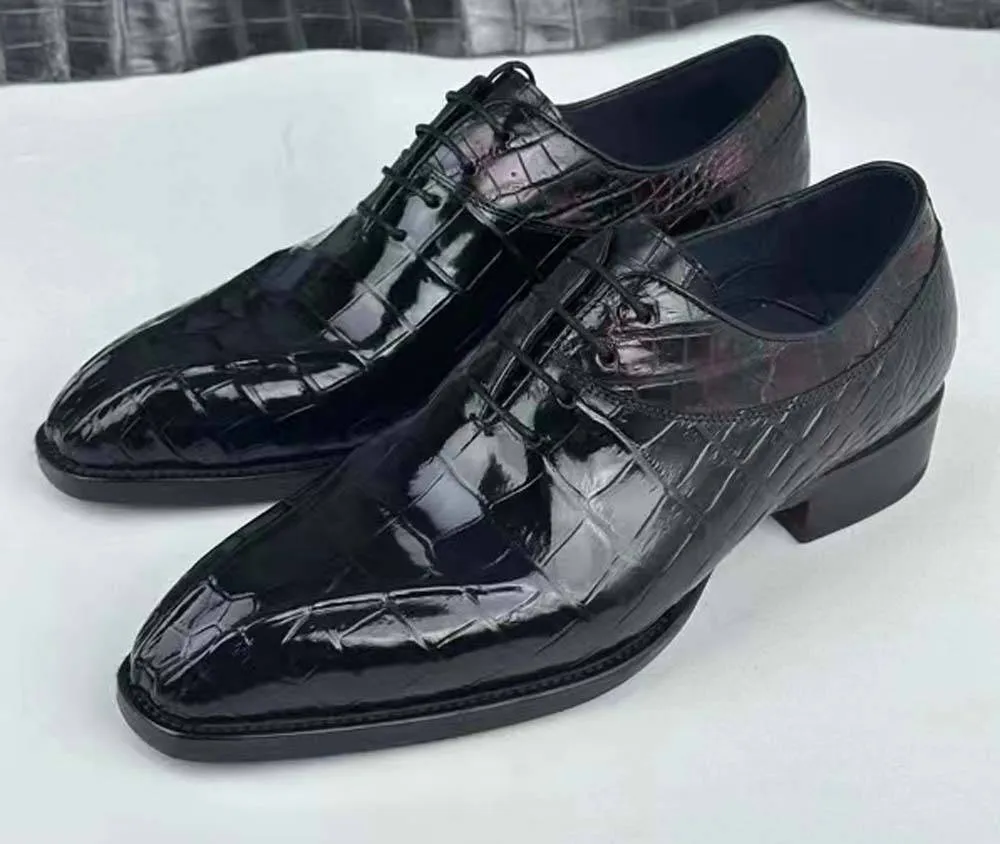 Flexible Comfort Breathable Construction Crocodile Shoes Crocodile Shoe Mens Vintage Wine Red Business Lace Up Dress Shoes